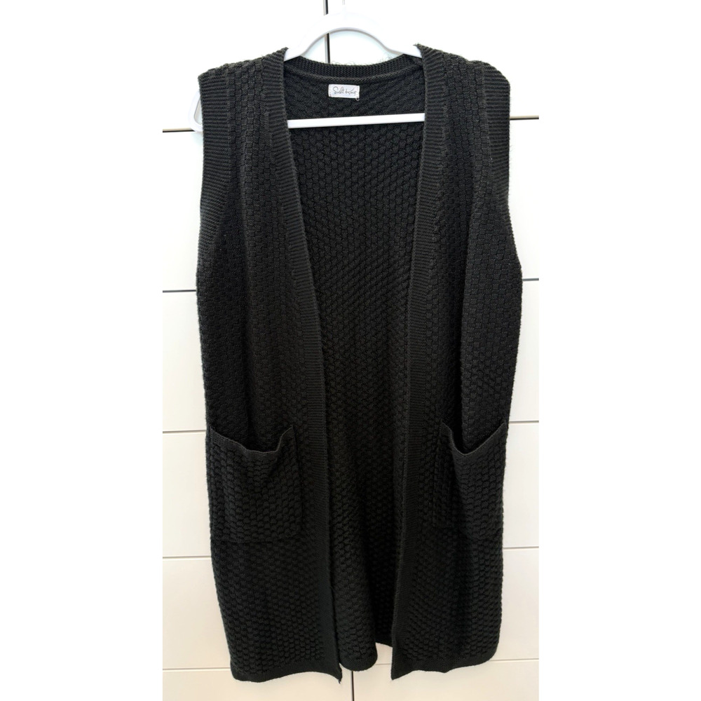 Sushi Kong Black Sleeveless Knit Open Cardigan Sweater Women's Sz. Med-Large